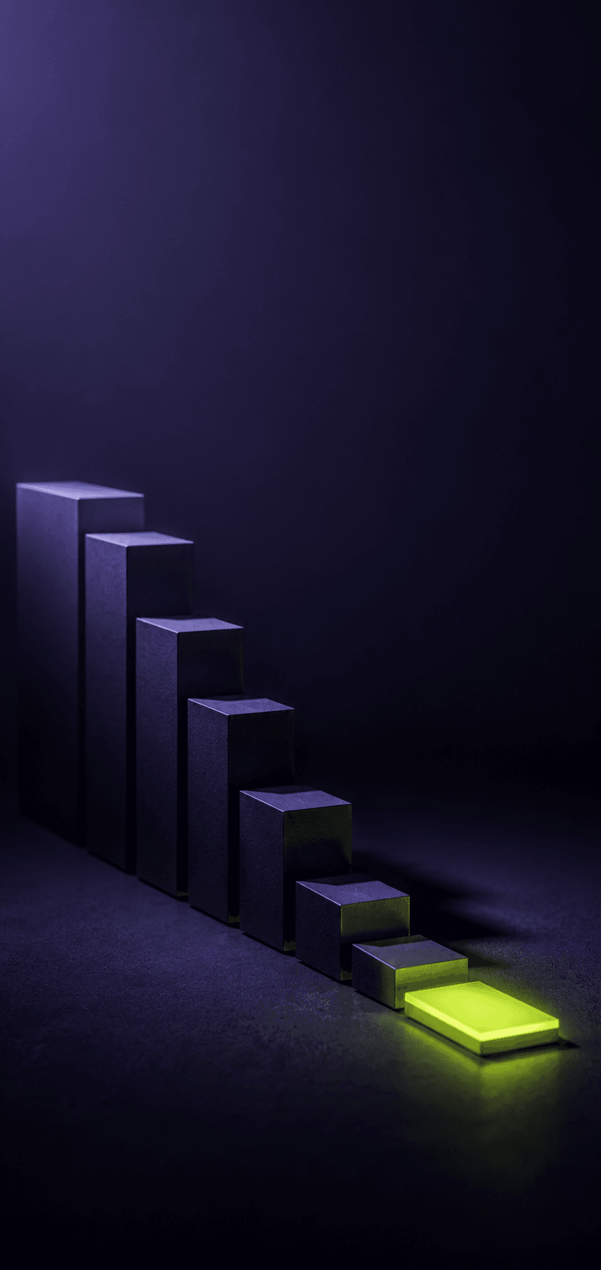 Abstract render: a staircase of blocks descending to a glowing lime slab